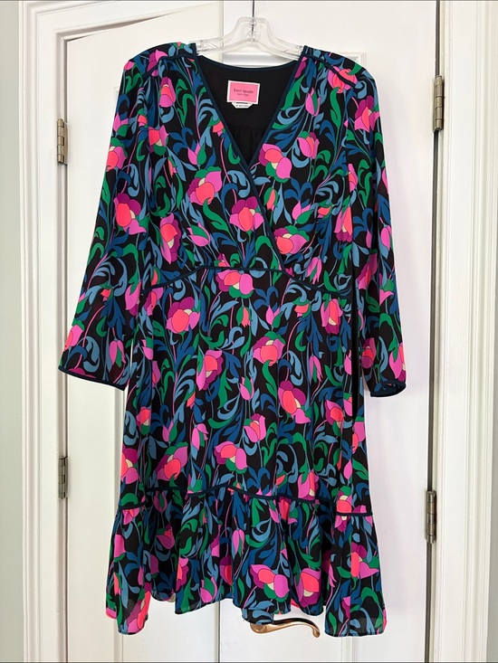 kate spade Dresses & Skirts - Kate Spade black floral wrap design dress with pink and blue blossoms sz 12